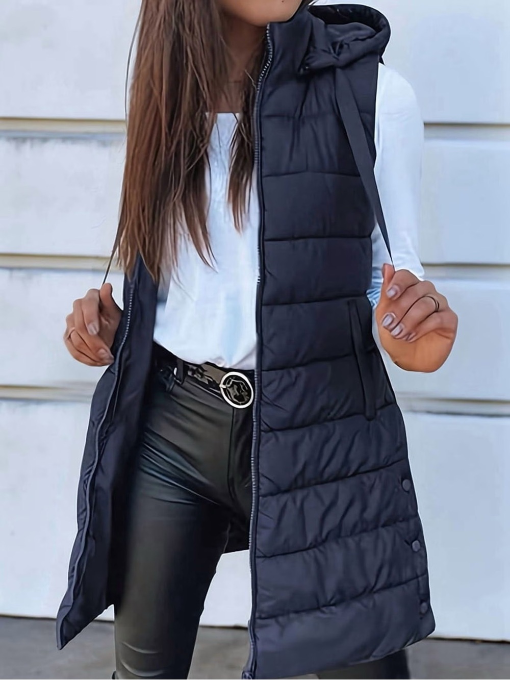 REVOLVE Black Longline Hooded Puffer Vest Quilted Sleeveless Jacket